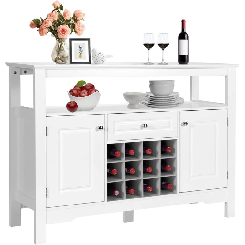 foto del prodotto goplus mobile portabottiglie, mobile da buffet, credenza con cassetti e armadietti, scaffale per 12 bottiglie in legno, ripiano superiore aperto,