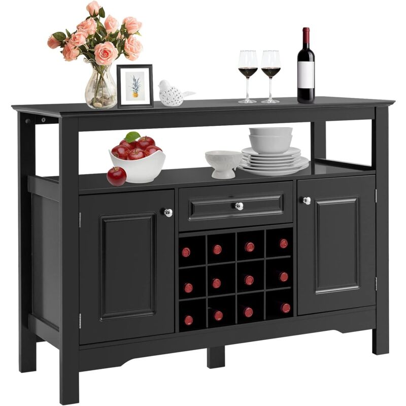 foto del prodotto goplus mobile portabottiglie, mobile da buffet, credenza con cassetti e armadietti, scaffale per 12 bottiglie in legno, ripiano superiore aperto,