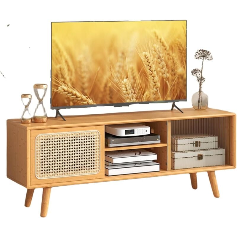 foto del prodotto goplus mobile tv in bamb fino a 55 , con porte scorrevoli in rattan e vetro temperato, ripiano regolabile, piedi in legno di ebanista, stile