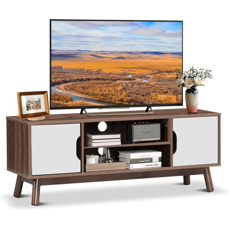 foto del prodotto goplus mobile tv mid century, scaffale multifunzione di legno con armadio a 2 ante e 2 ripiani aperti, tavolino di legno per tv fino a 43 pollici