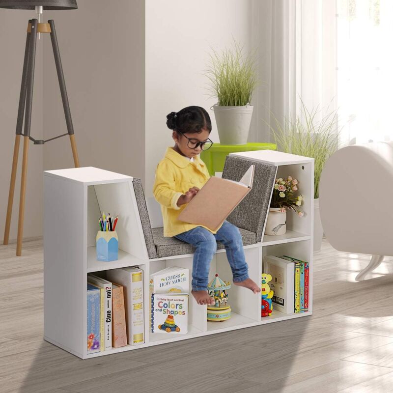 foto del prodotto goplus mobiletti per bambini, scaffale libreria in legno, seduta con cuscino, carico 80 kg, bianco, 102,5 x 30 x 63,5 cm