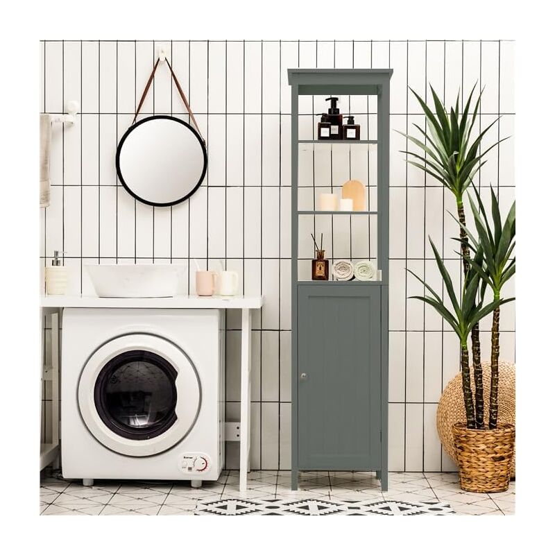 foto del prodotto goplus mobiletto a colonna per bagno, mobile portaoggetti alto con 3 ripiani, dispositivo antiribaltamento, pilastro per toilette con pannello
