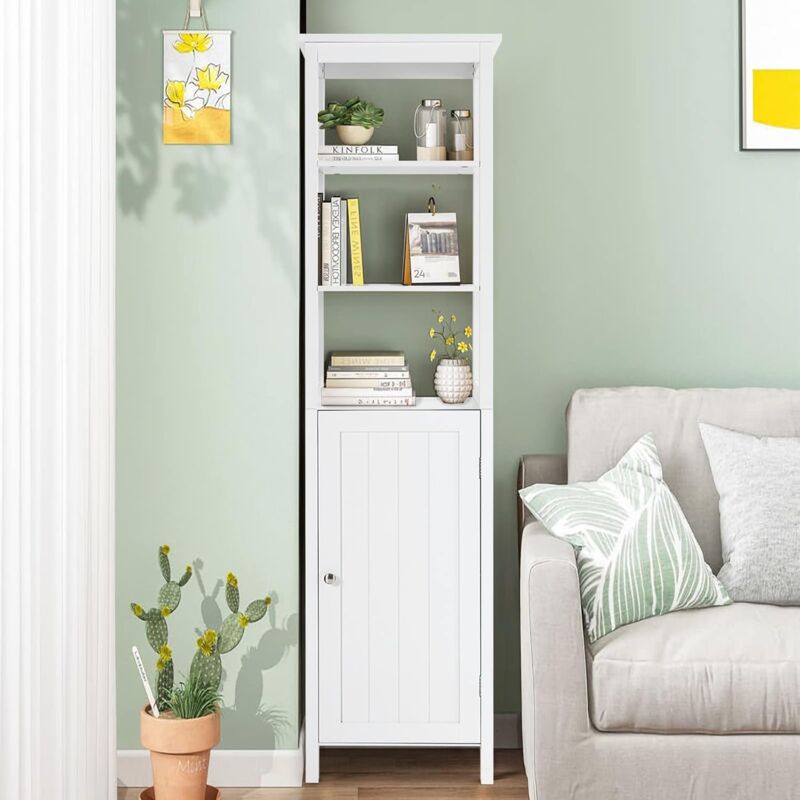 foto del prodotto goplus mobiletto a colonna per bagno, mobiletto portaoggetti alto con 3 ripiani, dispositivo antiribaltamento, pilastro per toilette con pannello