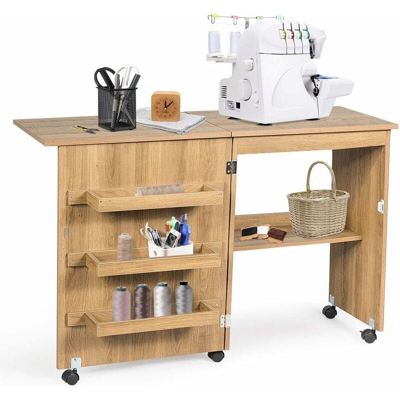 foto del prodotto goplus mobiletto cucito pieghevole con mensole e 5 ruote armadietto per cucito tavolo allungabile per macchina da cucire 117x77x40 cm legno 