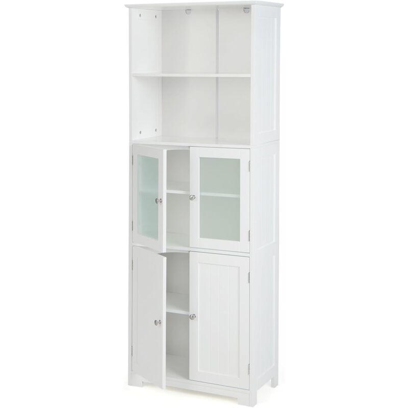 foto del prodotto goplus mobiletto da bagno, armadio colonna a 6 livelli con 2 ripiani aperti e 2 scomparti, porte in vetro trasparente e maniglie metalliche, bianco