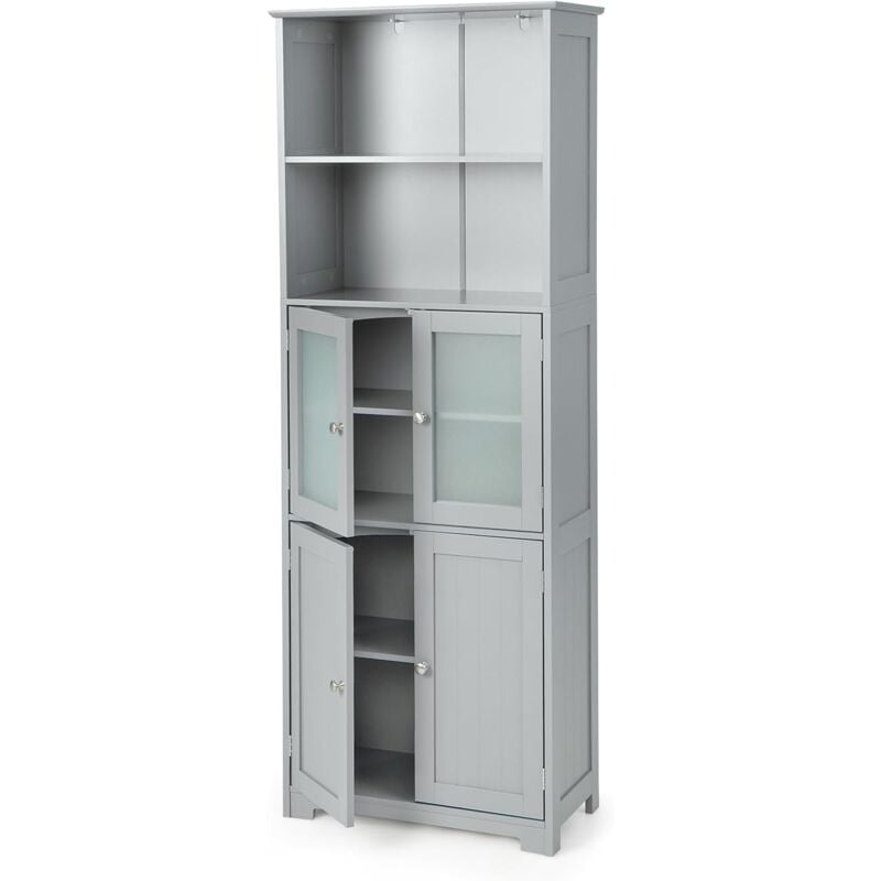 foto del prodotto goplus mobiletto da bagno, armadio colonna a 6 livelli con 2 ripiani aperti e 2 scomparti, porte in vetro trasparente e maniglie metalliche, bianco