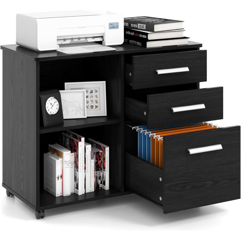 foto del prodotto goplus mobiletto per ufficio con ruote, con 3 cassetti 2 scomparti aperti, mobile portaoggetti per formato a4, documenti, supporto per stampante