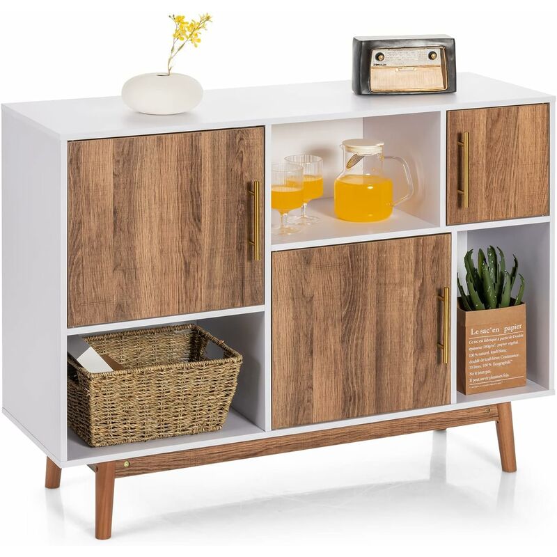foto del prodotto goplus mobiletto tv, credenzza portaoggetti multiuso in legno a 3 scomparti aperti e 3 armadietti e 4 gambe, stile elegante spazioso per