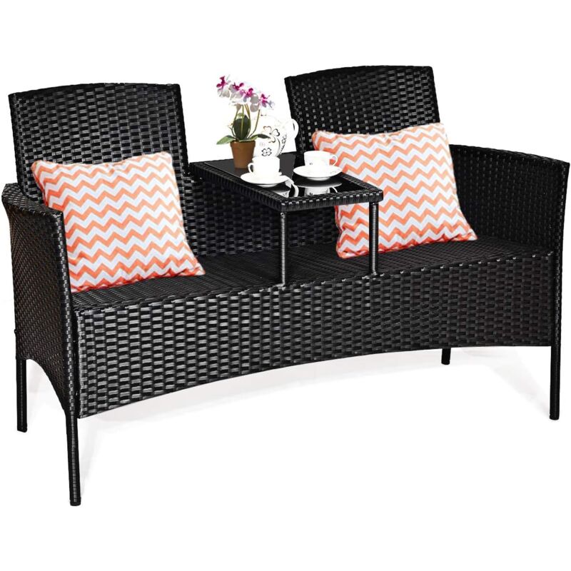 foto del prodotto goplus panca da giardino in rattan a 2 posti con tavolino in vetro temperato, set di mobili da patio con cuscini e schienale ergonomico, lotto di 2
