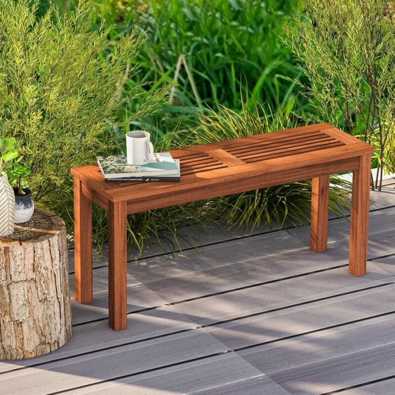 foto del prodotto goplus panchina senza schienale per esterni, panchina da pranzo per patio con seduta a doghe traspirante, panchina in legno rustico per ingresso,