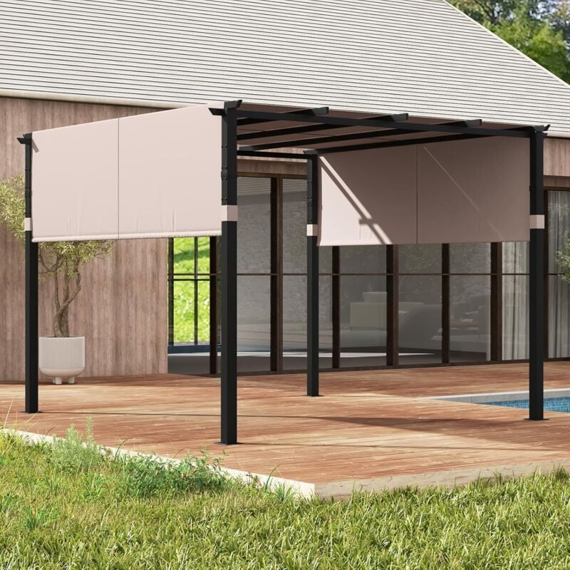 foto del prodotto goplus pergola a tetto piatto, pergola da esterno 305 x 305 cm con tettuccio retrattile e struttura in metallo robusta, gazebo per barbecue da