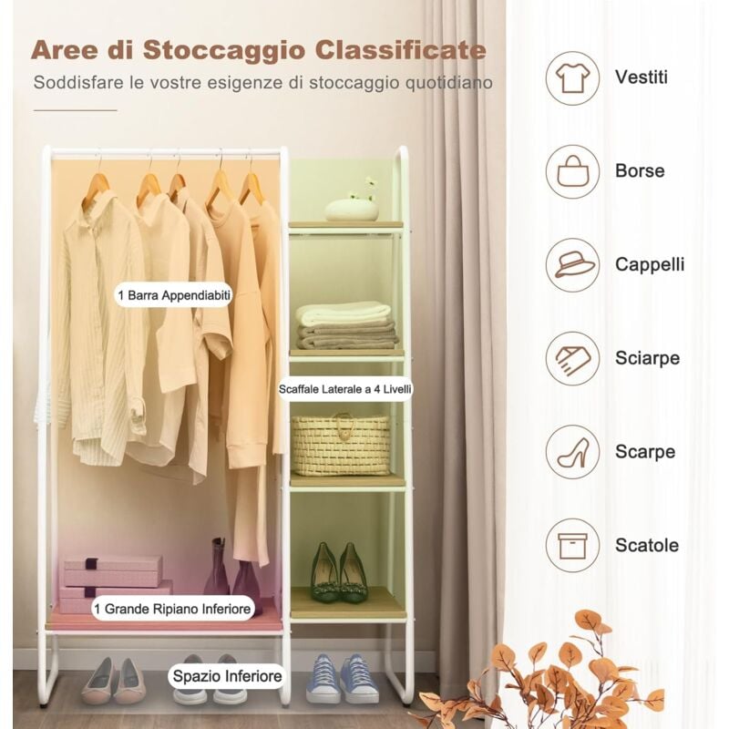 foto del prodotto goplus porta abiti con ripiani in legno, armadio aperto per vestiti con asta appendiabiti e 5 ripiani in legno, stand appendiabiti in metallo per