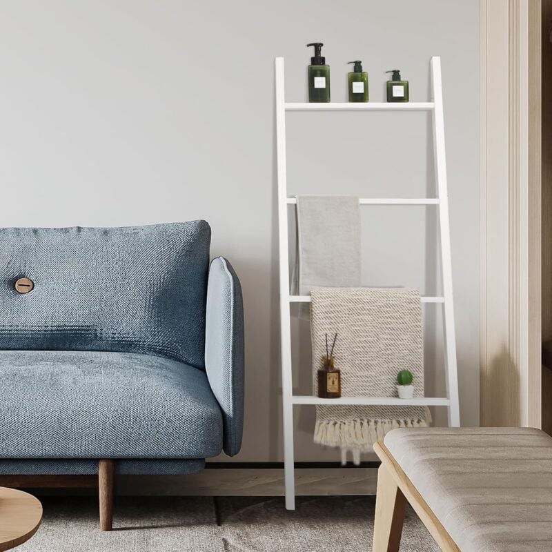 foto del prodotto goplus porta asciugamani multifunzionale in legno a 4 livelli, mensola inclinata a scala per asciugamani, coperte, elemento decorativo per bagni,