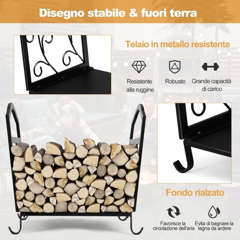 foto del prodotto goplus porta legna in metallo, porta tronchi in metallo con maniglie, gambe rialzate e motivo elegante, porta legna da ardere per interni ed