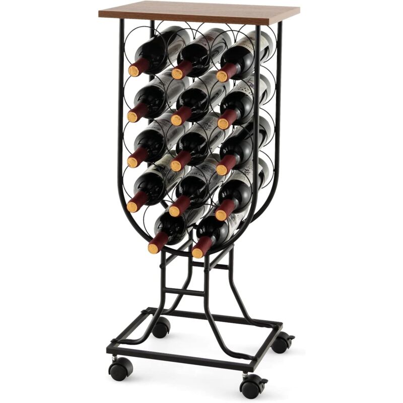 foto del prodotto goplus portabottiglie con ruote rimovibili e bloccabili, portabottiglie per 14 bottiglie con telaio in metallo e piano di legno, mobile bar per