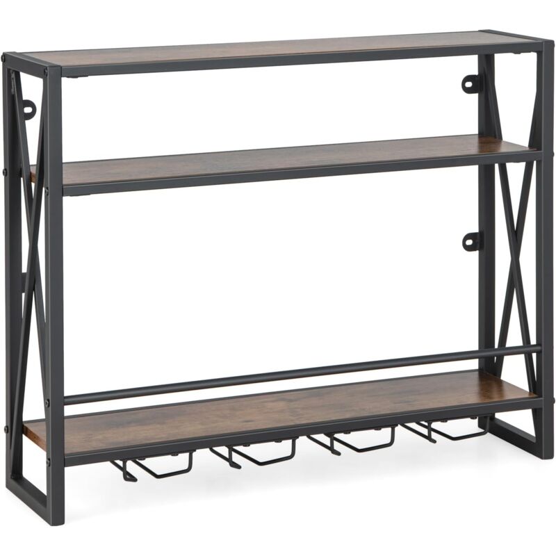 foto del prodotto goplus portabottiglie per vino da parete, scaffale da parete con portabicchieri, mensola a soffitto con telaio in metallo, portavino per cucina bar