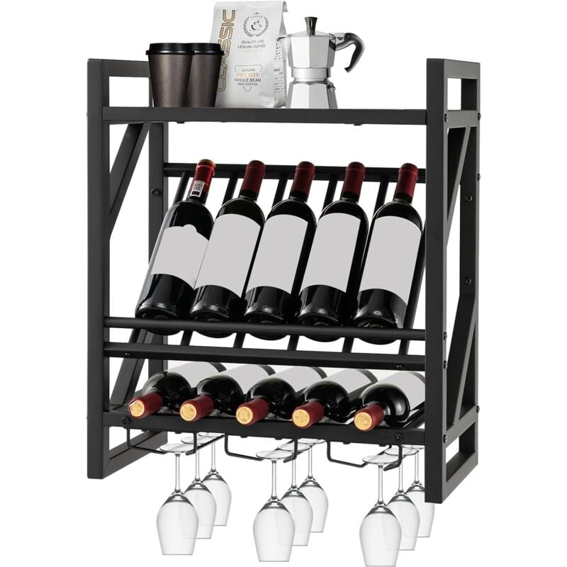 foto del prodotto goplus portabottiglie per vino da parete, scaffale da parete con portabicchieri, mensola a soffitto con telaio in metallo, portavino per cucina bar