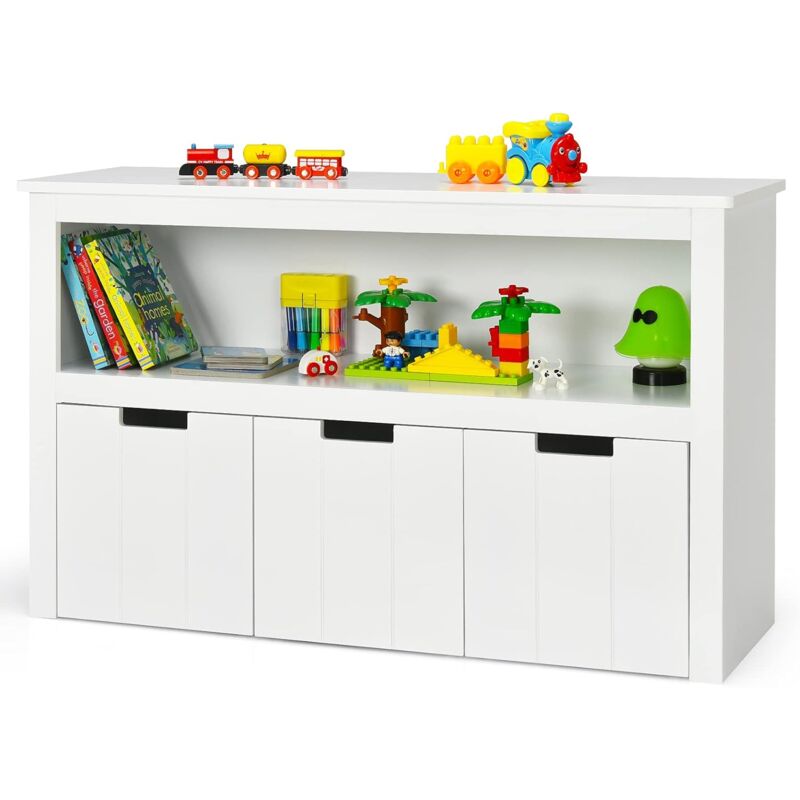 foto del prodotto goplus portagiocattoli con 3 cassetti per bambini, portagiocattoli in legno, organizer salvaspazio per cameretta, scaffale bianco ed elegante,