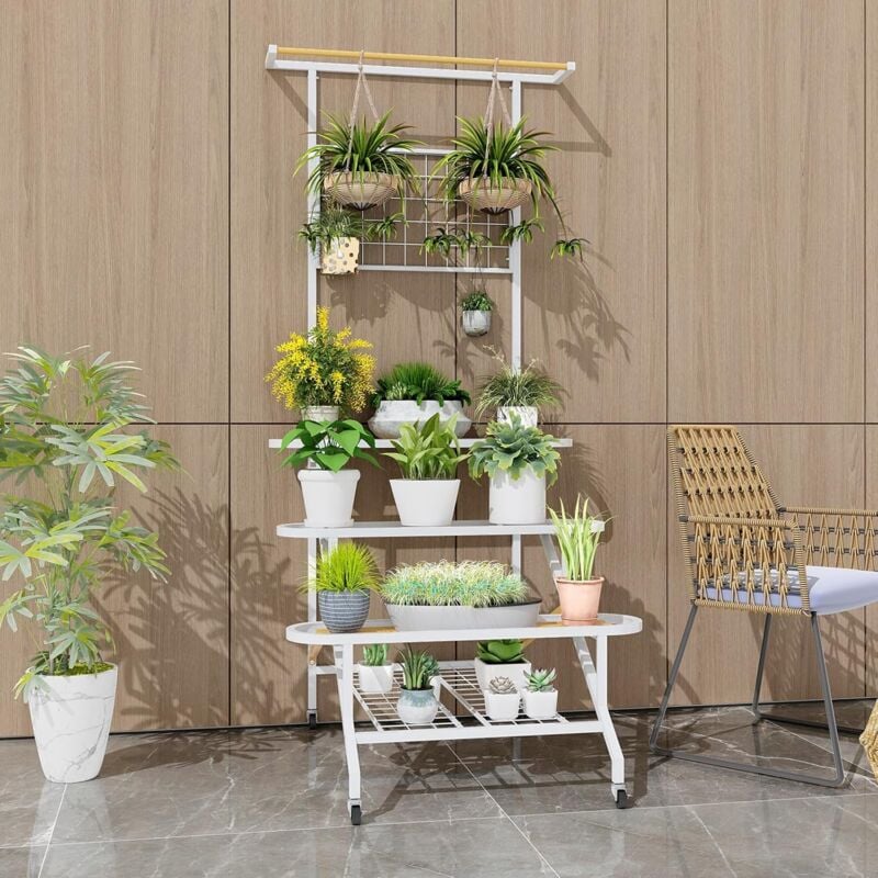 foto del prodotto goplus portapiante in metallo, 85 x 80 x 175 cm, supporto per piante a rete e a 3 livelli, con rotelle, tralicci struttura per rampicanti, scaffale