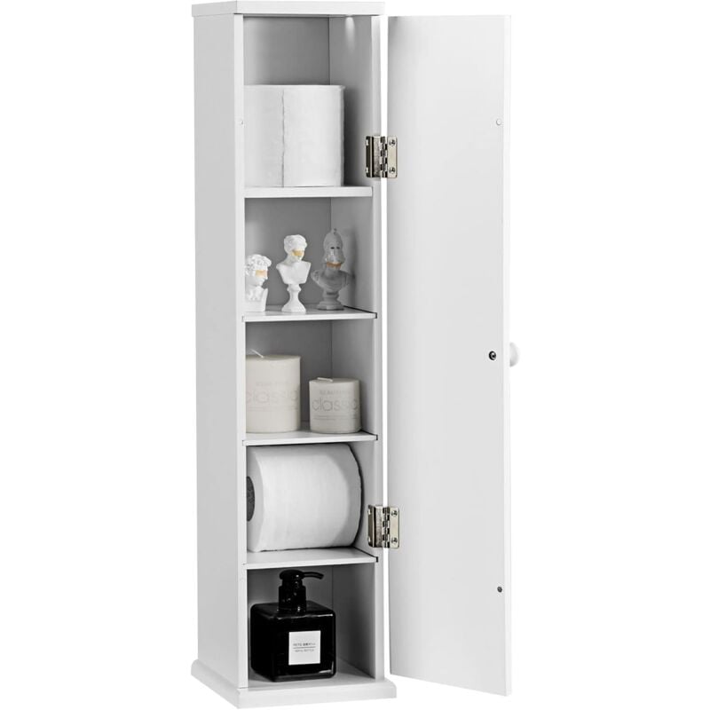 foto del prodotto goplus portarotolo carta igienica da bagno, con 5 scomparti, mobile a colonna con anta, struttura compatta in legno, 3 ripiani mobili, bianco,