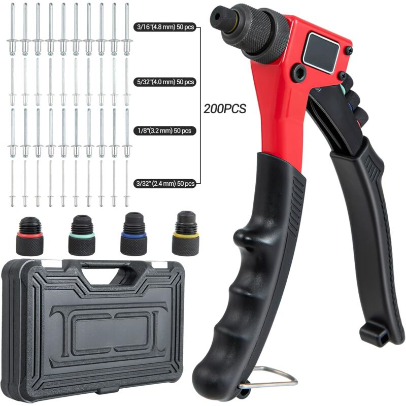 foto del prodotto goplus rivettatrice manuale, pistola per rivetti, con 4 testine intercambiabili e 200 rivetti in alluminio, multiuso e portatile