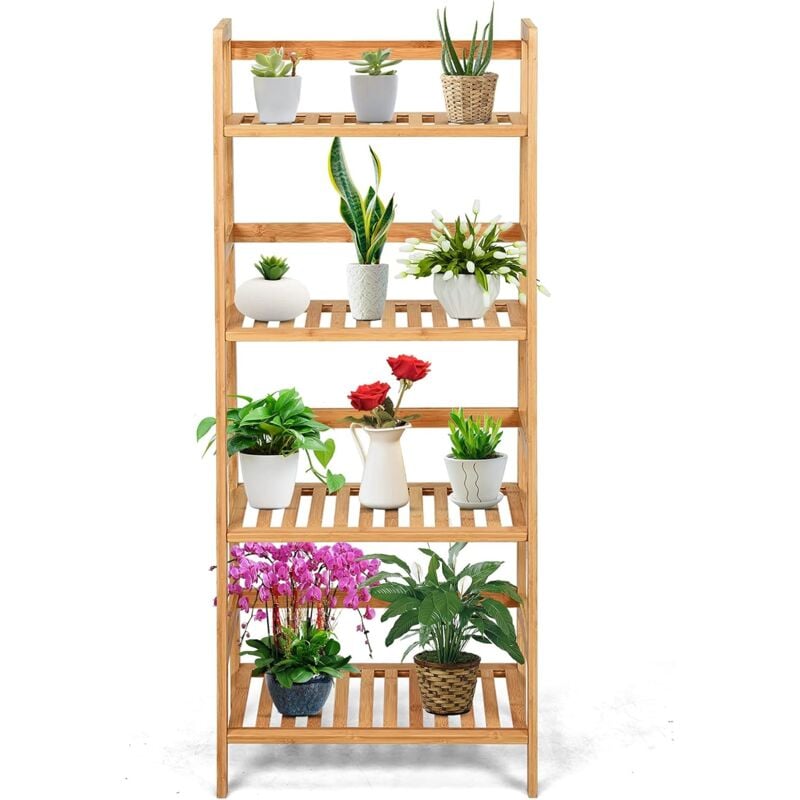foto del prodotto goplus scaffale a scala con 4 strati in bamb , pianta trapezoidale multifunzione, portafiori da terra angolo per vasi da fiori, 48 x 32 x 115 cm