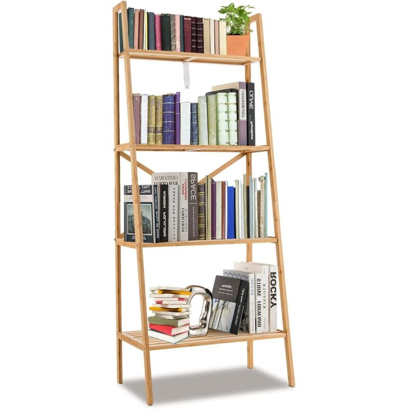 foto del prodotto goplus scaffale a scala in bamb , libreria a 4 ripiani con dispositivo anti ribaltamento, per salotto camera da letto balcone cucina, 60 x 35,5 x