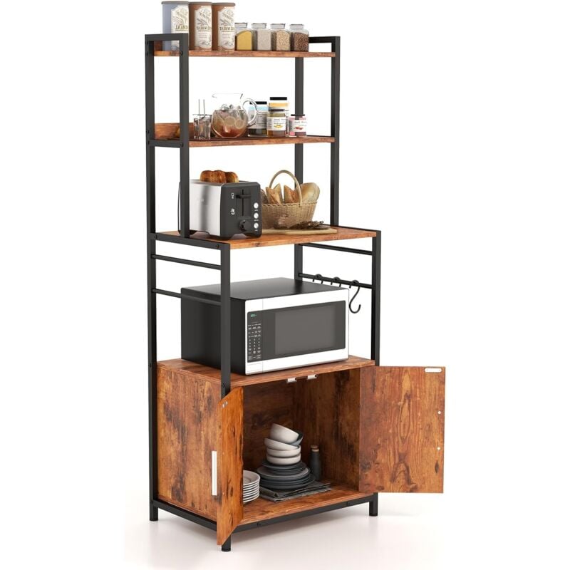foto del prodotto goplus scaffale da cucina, mobiletto multiuso, supporto per forno a microonde, 3 ripiani e un armadietto con 2 ante, 3 ganci a s, stile