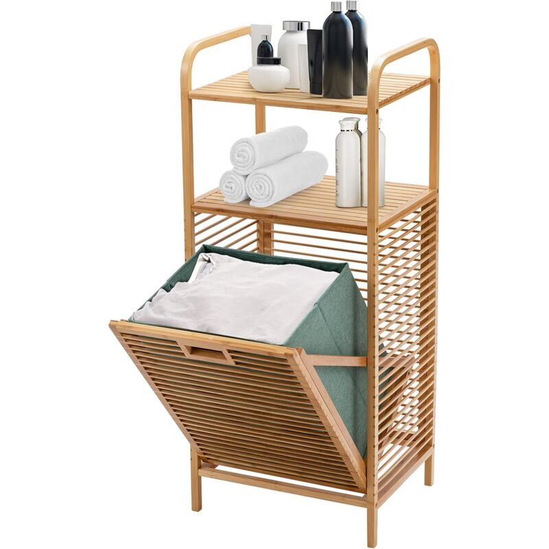 foto del prodotto goplus scaffale del bagno, scaffale a 2 ripiani con cestino portabiancheria, mensola portaoggetti, contenitore di bamb , 40x30x95 cm
