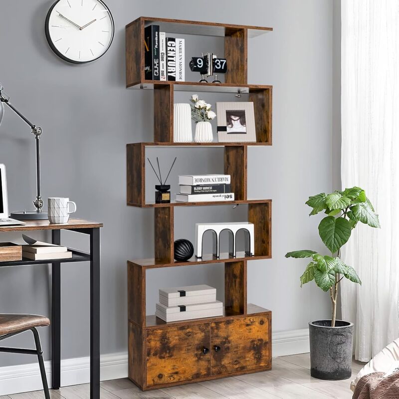 foto del prodotto goplus scaffale libreria a 5 livelli a forma di s, mobile alto in legno con dispositivo antiribaltamento per soggiorno, camera da letto, ufficio,