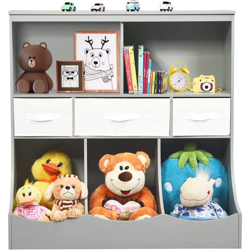 foto del prodotto goplus scaffale per bambini con 5 ripiani e 3 scatole di stoffa pieghevoli, scaffale per giocattoli, organizzatore di giocattoli con base stabile,