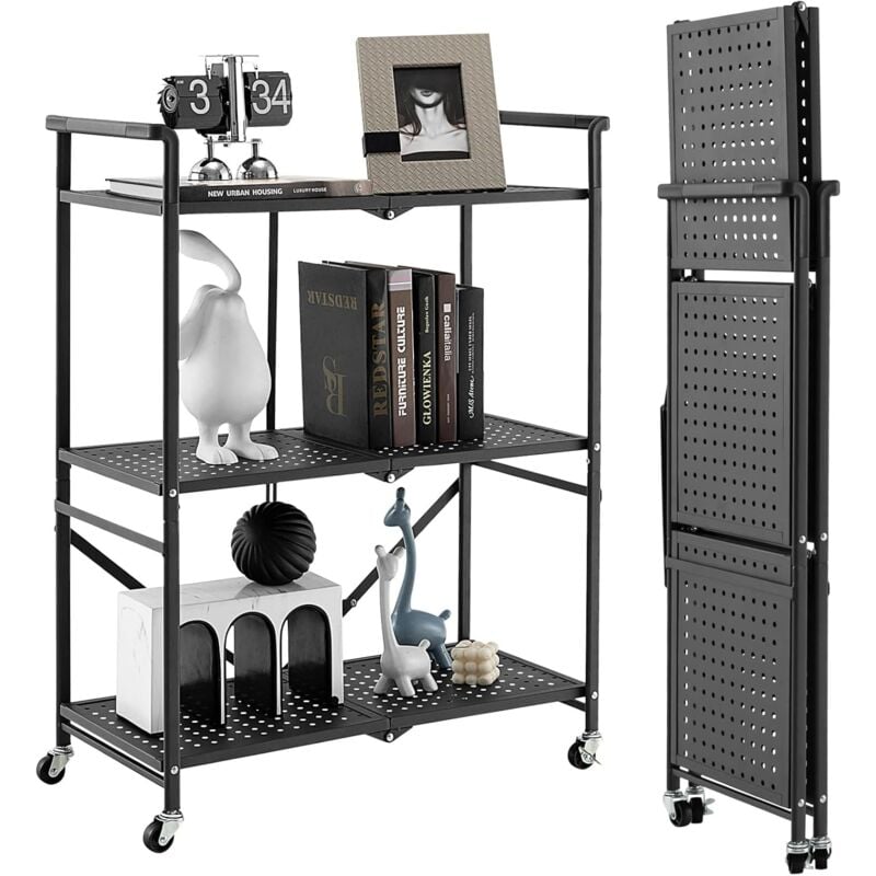 foto del prodotto goplus scaffale pieghevole a 3 livelli con ruote, carrello pieghevole con comoda maniglia, carrello salvaspazio per garage cucina dispensa, 72,5 x