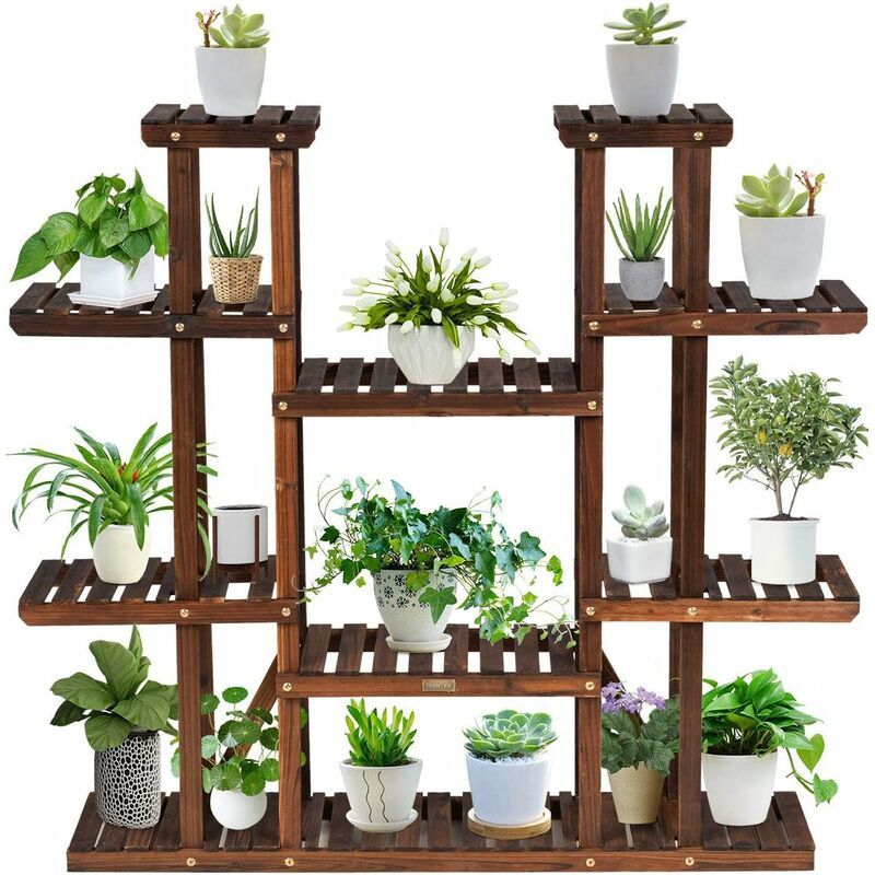 foto del prodotto goplus scaffale porta fiori a 9 ripiani, supporto stabile per vasi e piante, portata 10 kg per ogni ripiano, in legno di abete, 125x25x114 cm