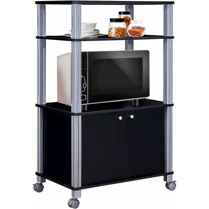 foto del prodotto goplus scaffale porta forno a microonde, carrello con 3 ripiani e armadietto, scaffale da cucina con 4 ruote, 92,85 97,65x60x39,5 cm nero 