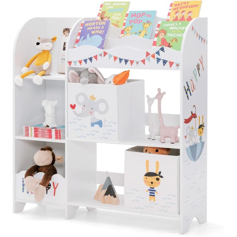 foto del prodotto goplus scaffale portagiochi bambini, libreria di legno, 2 scatole in stoffa, organizzatore per giocattoli e liberi, ideale per cameretta ragazzi,