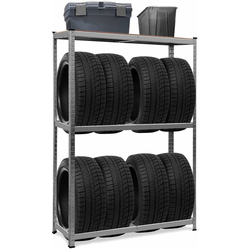 foto del prodotto goplus scaffale portagomme in acciaio con 3 ripiani per 8 pneumatici, officina garage magazzino, ogni ripiano portanza di 265kg totale circa