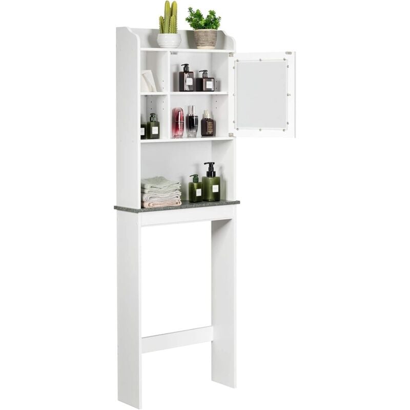 foto del prodotto goplus scaffale portaoggetti sopra il wc, mensola salvaspazio con anta in vetro temperato, ripiani regolabili,di legno, bianco, 59,2x18,9x172,9 cm