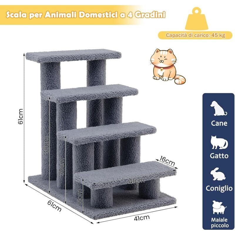 foto del prodotto goplus scaletta per gatti a 4 gradini, carico 45 kg, rivestita morbida per animali domestici robusto, 61 x 41 x 61 cm grigio 
