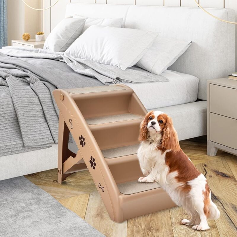foto del prodotto goplus scaletta pieghevole per animali domestici, scaletta a 4 gradini per gatti e cani in plastica con rivestimento antiscivolo, facile da salire