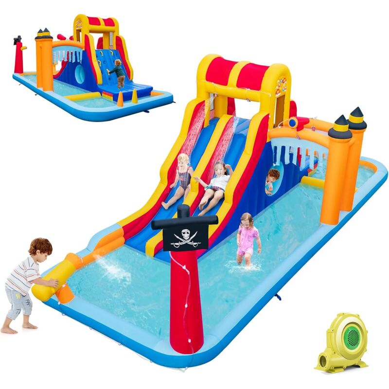 foto del prodotto goplus scivolo d acqua gonfiabile, parco acquatico 6 in 1 per bambini con parete da arrampicata, piscine per schizzi, include picchetti, kit di