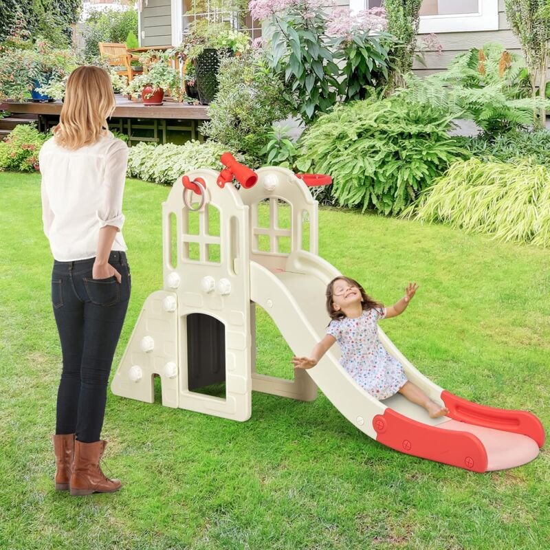 foto del prodotto goplus scivolo multifunzionale per bambini 6 in 1, set da gioco con canestro, scivolo, parete da arrampicata, lancio dell anello, binocolo, tunnel,