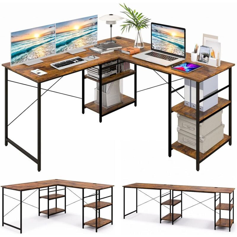 foto del prodotto goplus scrivania a forma di l, con ripiani di stoccaggio in legno, scrivania da ufficio per computer, tavolo da scrittura scrivania per studio, 242