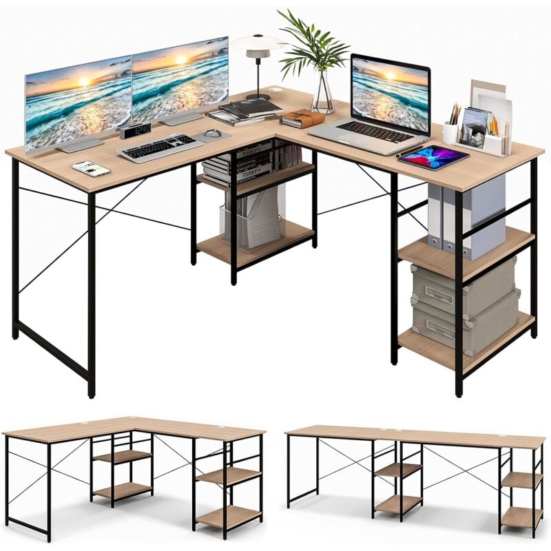 foto del prodotto goplus scrivania a forma di l, con ripiani di stoccaggio in legno, scrivania da ufficio per computer, tavolo da scrittura scrivania per studio, 242