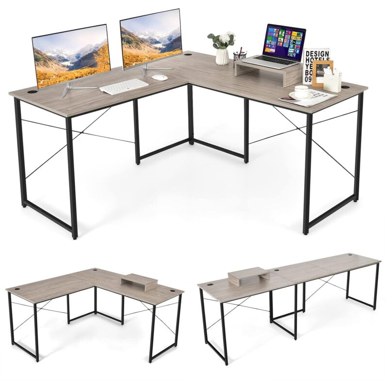 foto del prodotto goplus scrivania angolare, con supporto per monitor e fori per cavi, telaio in tubo di ferro, poggiapiedi regolabili, per studio, camera da letto,