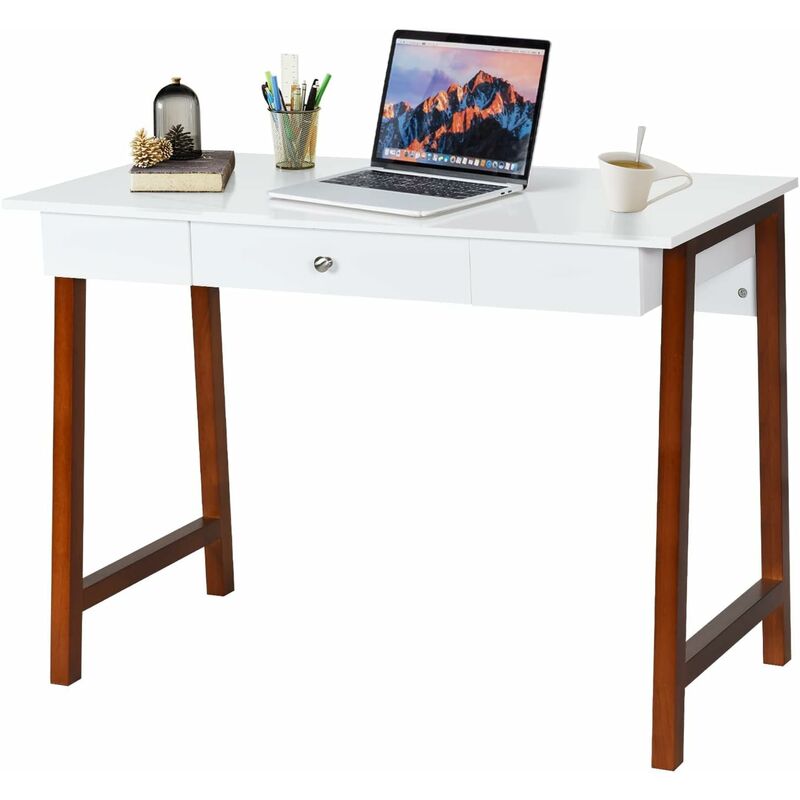 foto del prodotto goplus scrivania con cassetto in legno e piano spazioso, 106,5x50x75,5 cm, con 4 gambe in legno, tavolo multifunzionale e moderno, perfetto per