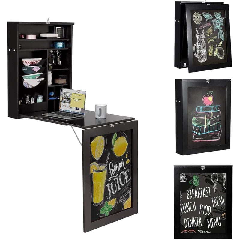 foto del prodotto goplus scrivania da parete, tavolo da muro pieghevole con lavagna, scrivania convertibile, scompartimenti e ganci, design salva spazio e moderno in