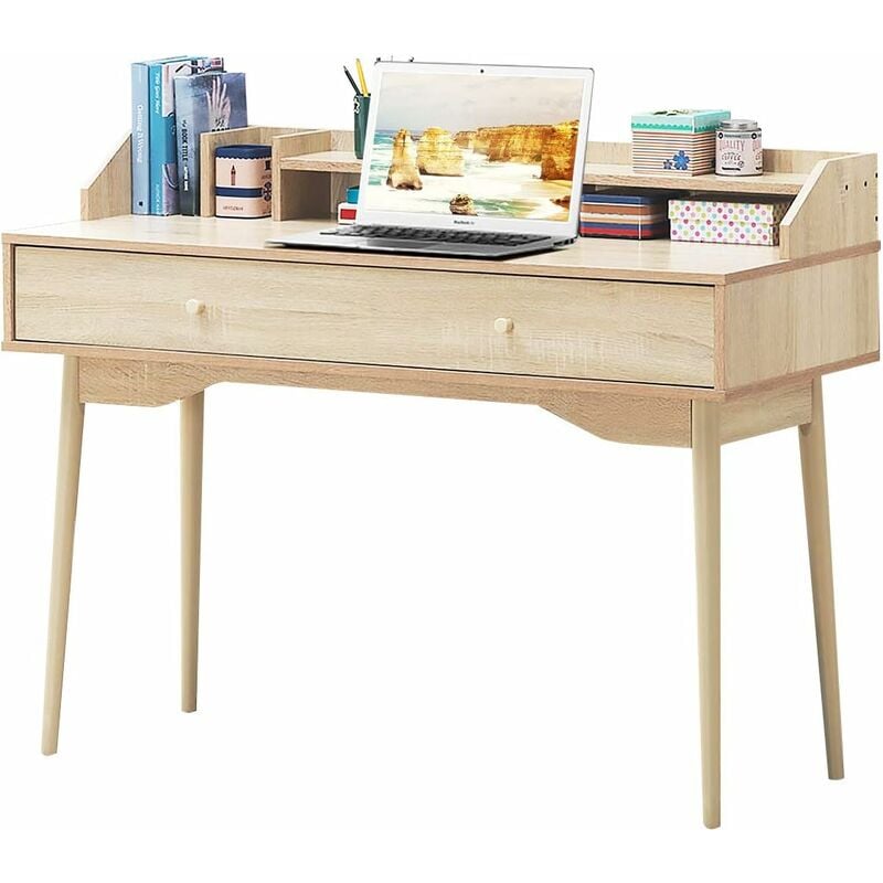 foto del prodotto goplus scrivania in legno, con cassetto e scomparto sul piano del tavolo, gambe in legno di gomma, stile moderno per studio, soggiorno e camera da