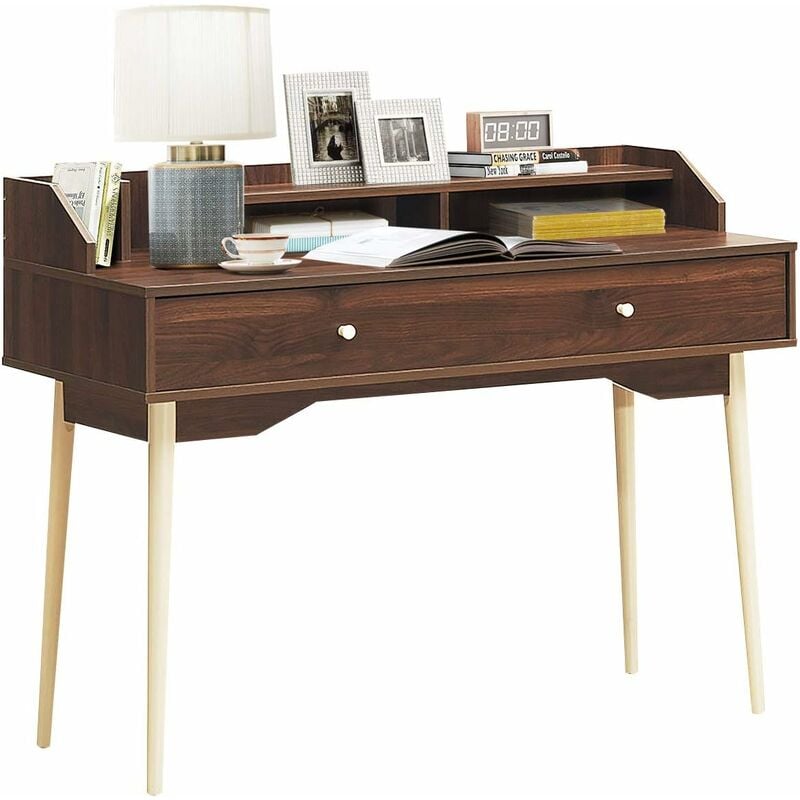foto del prodotto goplus scrivania in legno, con cassetto e scomparto sul piano del tavolo, gambe in legno di gomma, stile moderno per studio, soggiorno e camera da