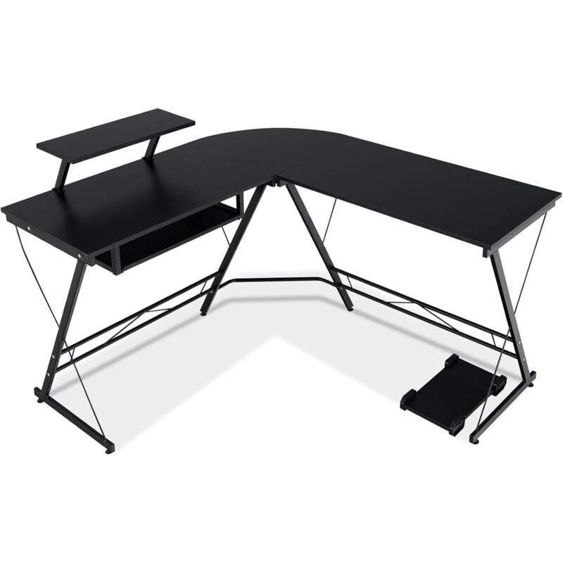 foto del prodotto goplus scrivania per computer a forma di l, postazione di lavoro ad angolo per l ufficio domestico con ripiano per monitor rimovibile, vassoio per