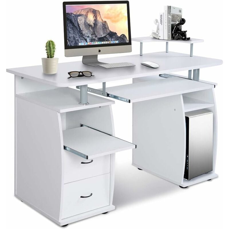 foto del prodotto goplus scrivania porta computer per ufficcio con 2 cassetti, vassoio tastiera e vassoio per fax 120x85x55 cm bianco 